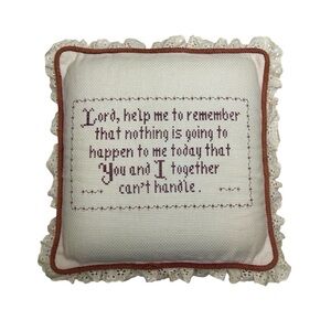 Vintage Cross Stitch Ivory Burgundy Decorative Pillow With a Prayer “Lord…